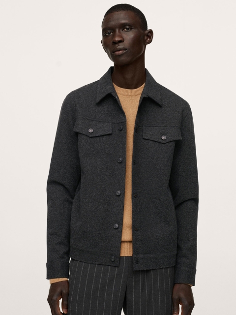 

MANGO MAN Men Charcoal Grey Solid Shacket