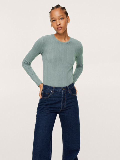 

MANGO Women Green Self-Striped T-shirt