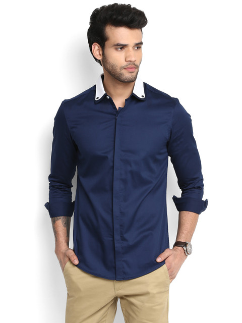 

MR BUTTON Men Navy Structured Fit Solid Casual Shirt, Navy blue