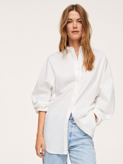 

MANGO Women White Pure Cotton Solid Longline Shirt