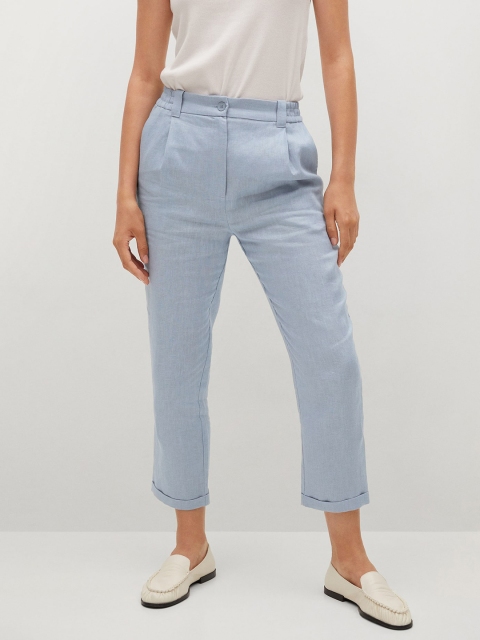 

MANGO Women Blue Solid Pure Linen High-Rise Pleated Crop Trousers