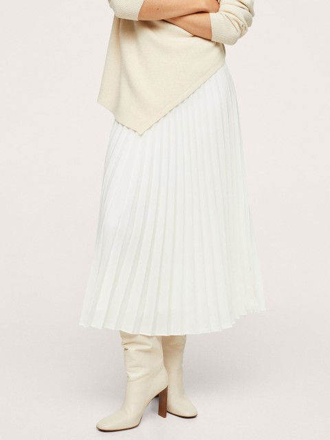 

MANGO Women White Solid Accordion Pleated A-Line Midi Skirt
