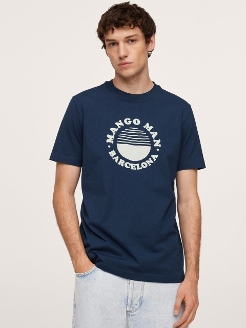 

MANGO MAN Men Blue Brand Logo Printed Pure Cotton T-shirt