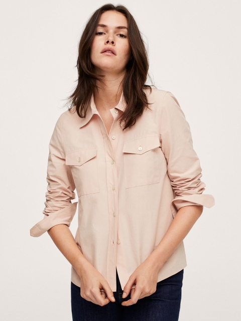 

MANGO Women Pink Pure Cotton Solid Casual Shirt