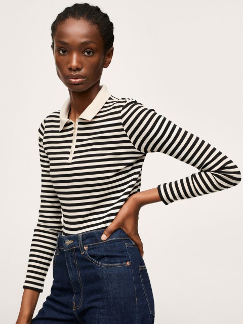 

MANGO Women Black & White Striped Polo Collar T-shirt