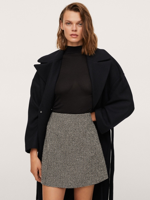 

MANGO Women Off-White & Black Houndstooth Patterned Pleated Mini A-Line Skirt