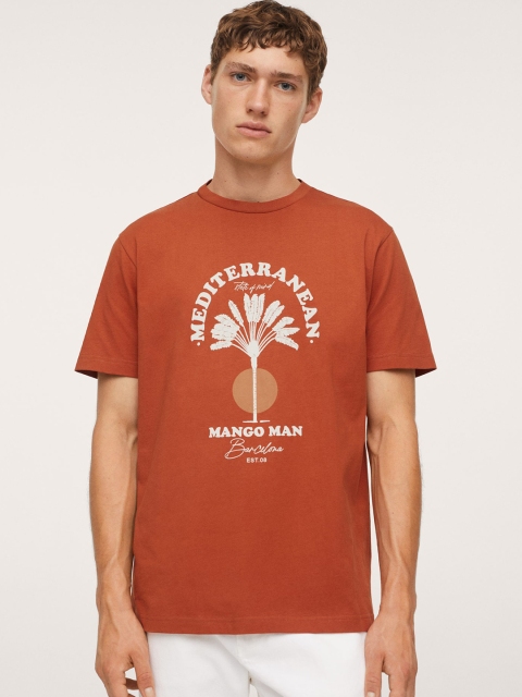 

MANGO MAN Men Rust Orange & Cream Typography Printed T-shirt