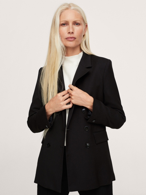 

MANGO Women Black Solid Double-breasted Regular Fit blazer