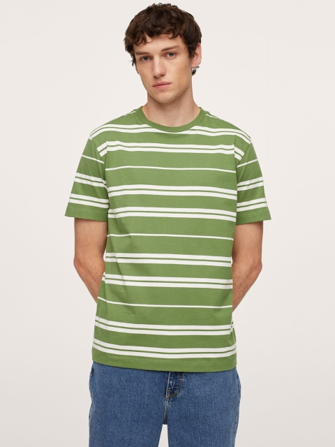 

MANGO MAN Green & White Striped T-shirt