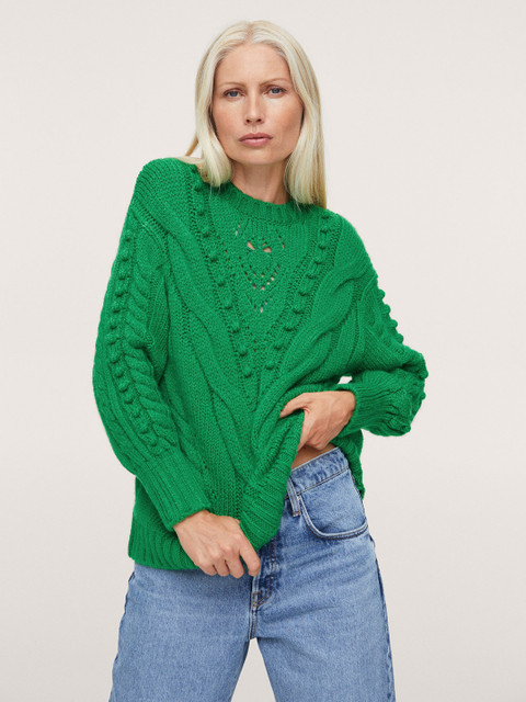

MANGO Women Green Cable Knit Pullover