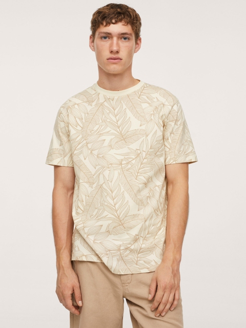 

MANGO MAN Cream-Coloured & Beige Floral Printed Pure Cotton T-shirt