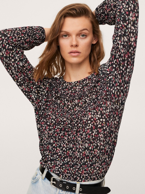 

MANGO Black & Beige Floral Regular Top With Ruffle Detail
