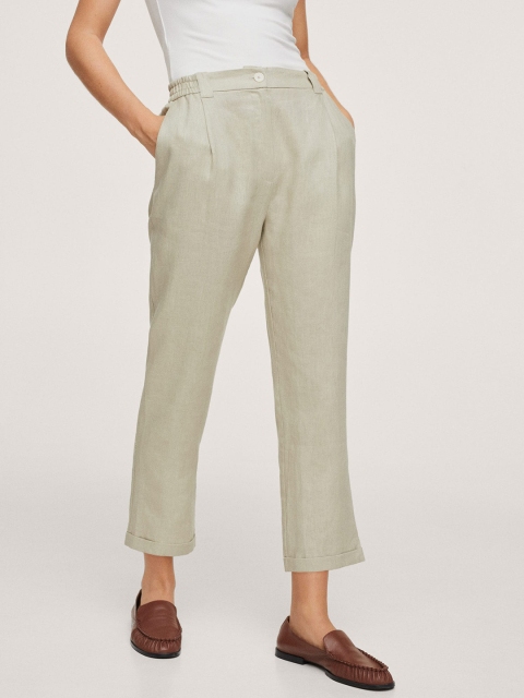 

MANGO Women Beige Solid Pure Linen High-Rise Pleated Crop Trousers
