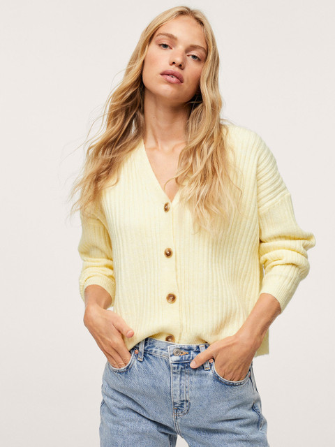 

MANGO Women Yellow Self Striped Cardigan