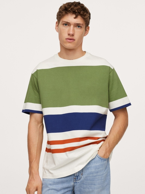 

MANGO MAN Men Green & White Colourblocked Pure Cotton T-shirt