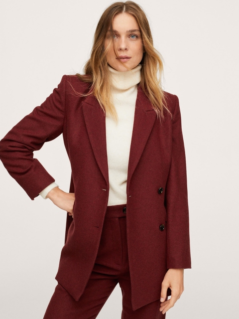 

MANGO Women Maroon COACH Regular-Fit Double-Breasted Formal Blazer