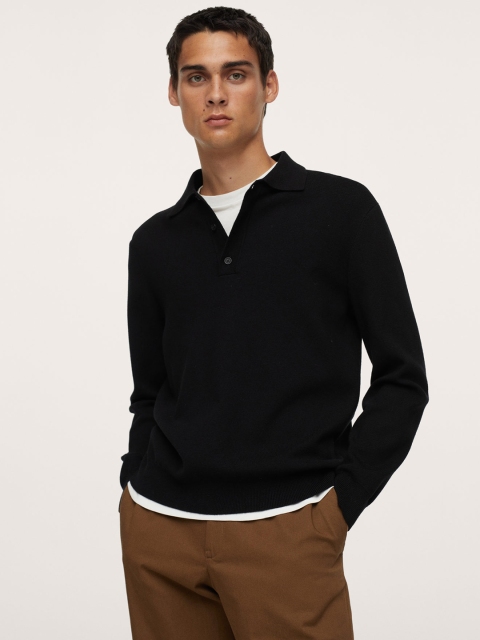 

MANGO MAN Men Black Solid Polo Collar Casual T-shirt