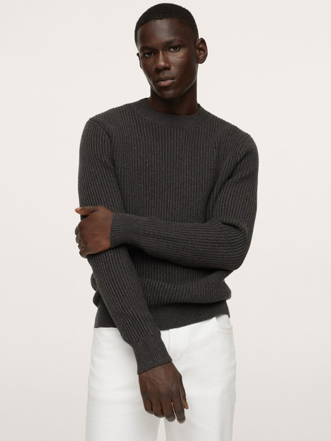 

MANGO MAN Men Charcoal Self-Design Pullover Sweater