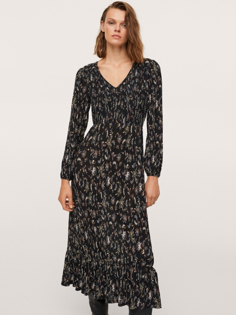 

MANGO Black & Blue Floral Printed A-Line Midi Dress