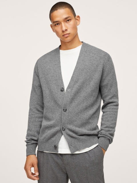 

MANGO MAN Men Grey Solid V-Neck Cardigan Sweater