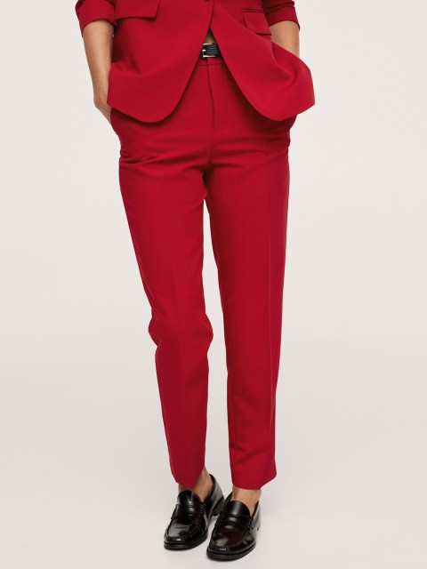 

MANGO Women Maroon Solid Formal Trousers with Belt