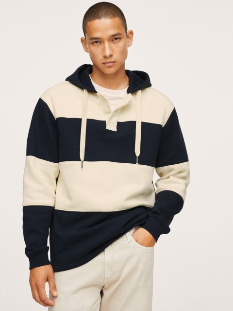 

MANGO MAN Navy Blue & White Colourblocked Hooded Sweatshirt