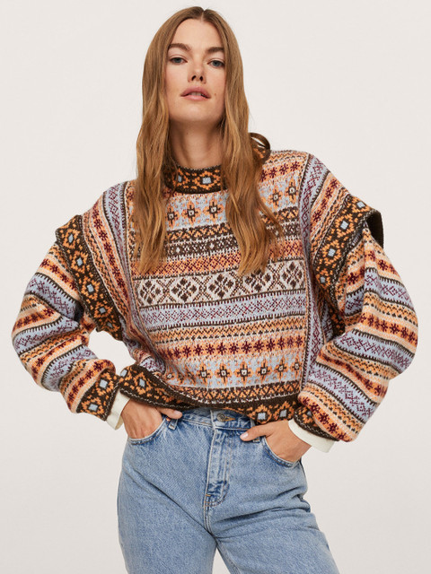 

MANGO Women Blue & Peach-Coloured Fair Isle Pullover