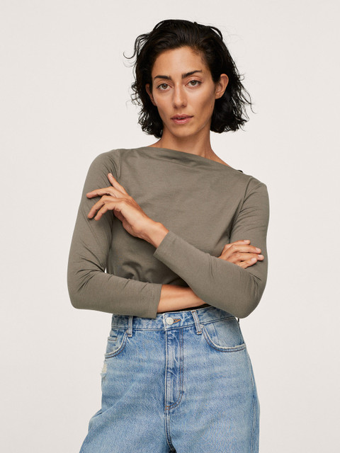 

MANGO Women Olive Green Pure Cotton Solid Off-Shoulder T-shirt