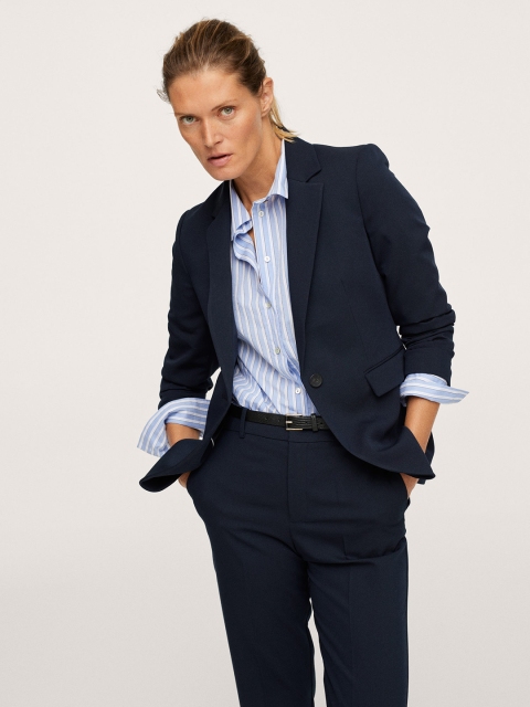 

MANGO Women Navy Blue BOREAL Regular-Fit Single-Breasted Formal Blazer