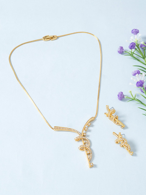 

Golden Peacock Gold-Toned & White Stone-Studded Jewellery Set