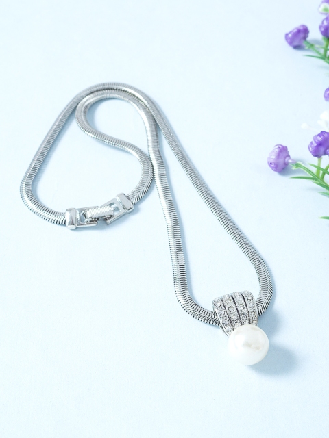 

Golden Peacock Women Silver-Toned & Silver-Plated Chain With Pearl Studded Pendant