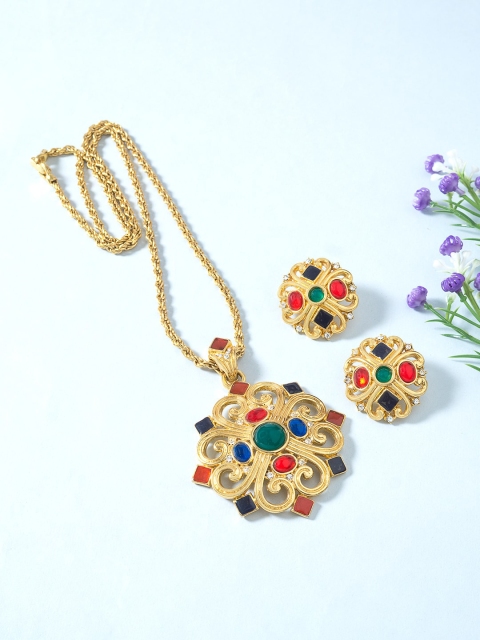 

Golden Peacock Gold-Toned White & Red Stone-Studded Jewellery Set