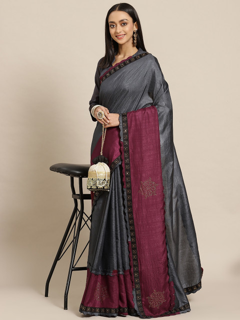 

Mitera Grey & Maroon Solid Saree