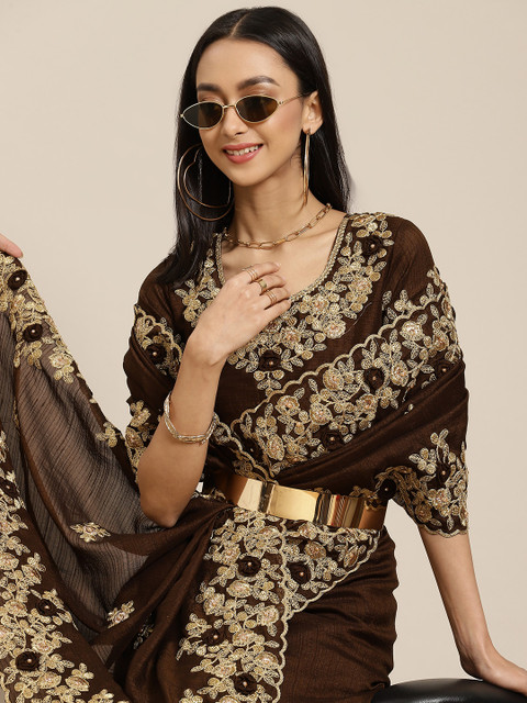 

Mitera Coffee Brown Floral Beads and Stones Heavy Work Maheshwari Saree