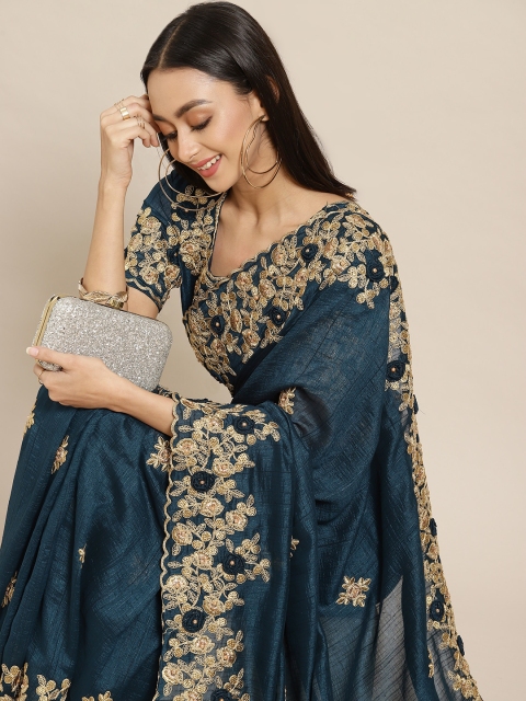 

Mitera Blue Floral Beads and Stones Heavy Work Maheshwari Saree