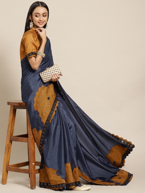 

Mitera Navy Blue & Yellow Solid Saree