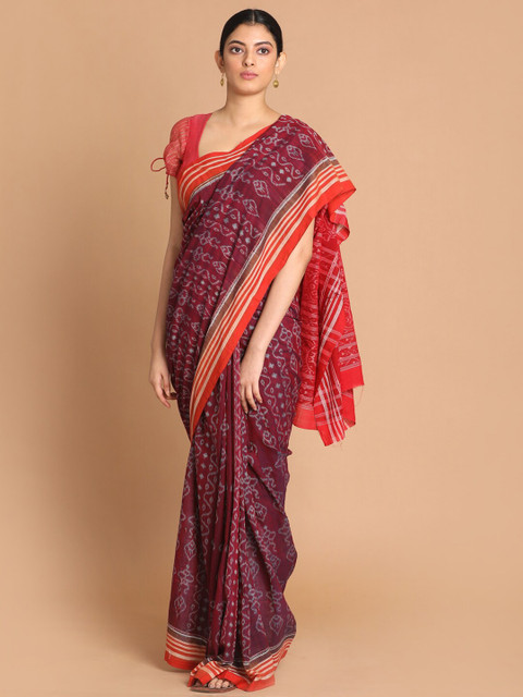 

Indethnic Burgundy & Orange Pure Cotton Sambalpuri Saree