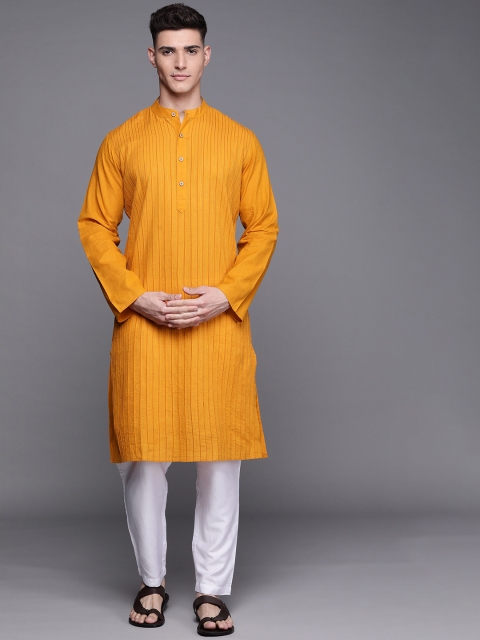 

Fabindia Men Mustard Yellow Pure Cotton Slim Fit Pintucks Kurta
