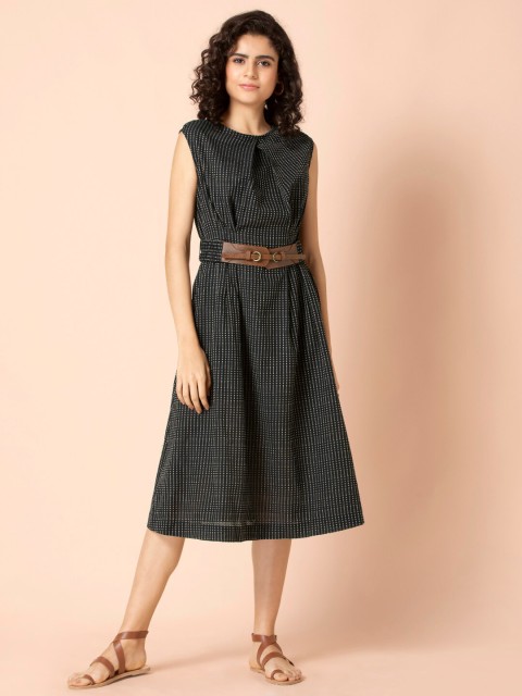 

Earthen BY INDYA Black Striped Ethnic A-Line Midi Dress