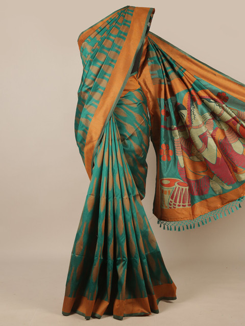 

Pothys Green & Orange Printed Jute Silk Saree