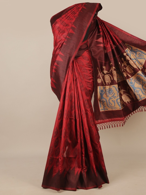 

Pothys Maroon & Red Ethnic Motifs Jute Silk Heavy Work Saree