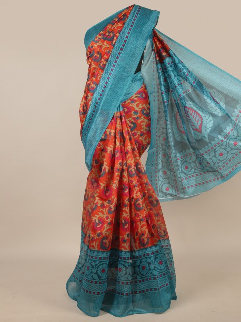 

Pothys Orange & Teal Ethnic Motifs Printed Saree