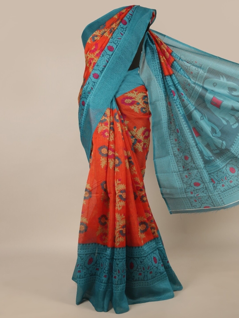 

Pothys Orange & Blue Ethnic Motifs Printed Saree