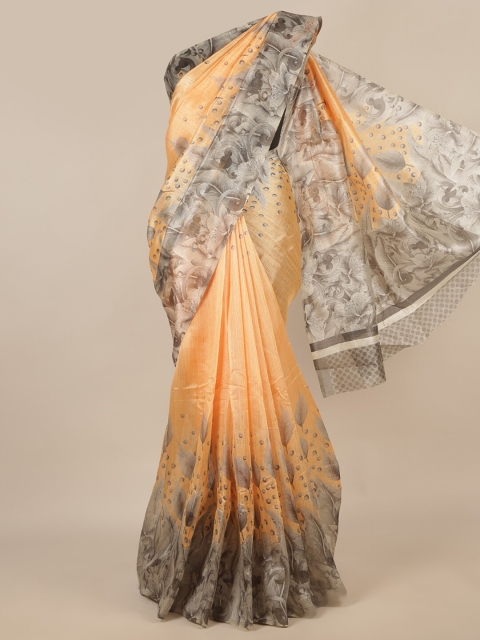 

Pothys Peach-Coloured & Grey Printed Saree