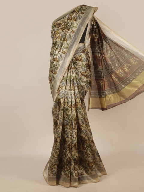 

Pothys Cream-Coloured & Green Floral Printed Zari Saree