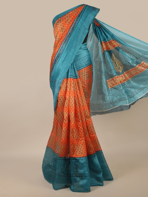 

Pothys Orange & Teal Ethnic Motifs Printed Saree