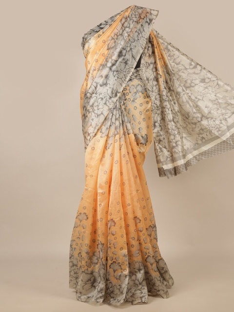 

Pothys Peach-Coloured & Grey Floral Printed Saree