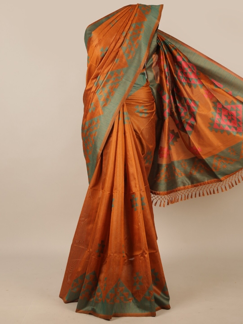 

Pothys Mustard & Green Printed Jute Silk Saree