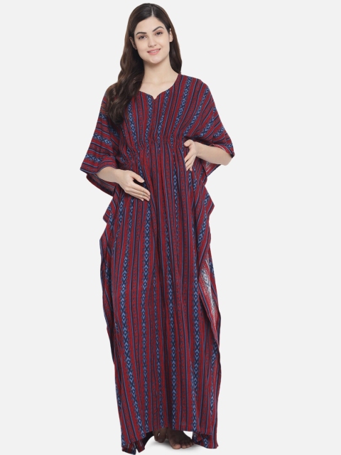 

Aujjessa Women Maroon & Blue Striped Maternity Feeding Kaftan Nightdress
