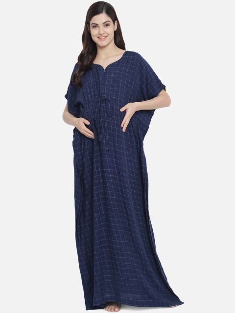 

Aujjessa Navy Blue Checked Maternity Kaftan Maxi Dress